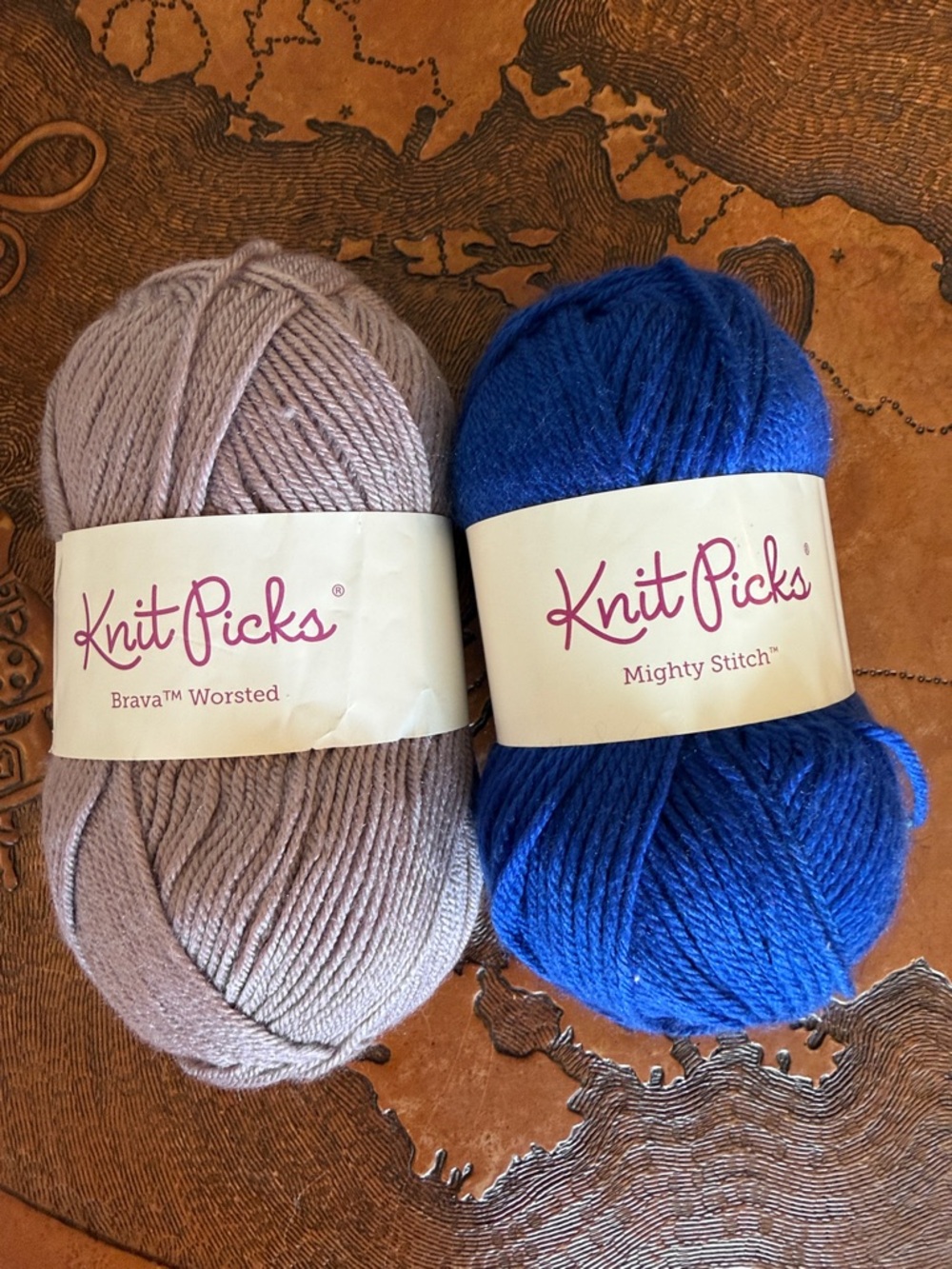 Knit Picks Brava & Mighty Stitch Yarn Duo - Taupe/Lavender & Royal Blue 2 skeins